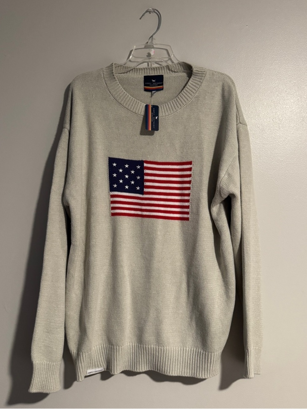 Simply Southern Men’s Cream Crewneck, Knit Sweater with American Flag (Size XL)